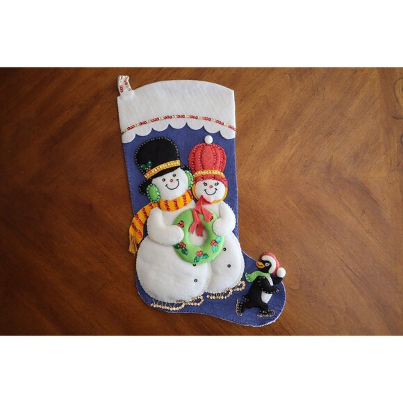 Vtg SNOWMAN 20" Handmade Felt Applique Puffy Stocking Penguin FINISHED - Picture 11 of 11